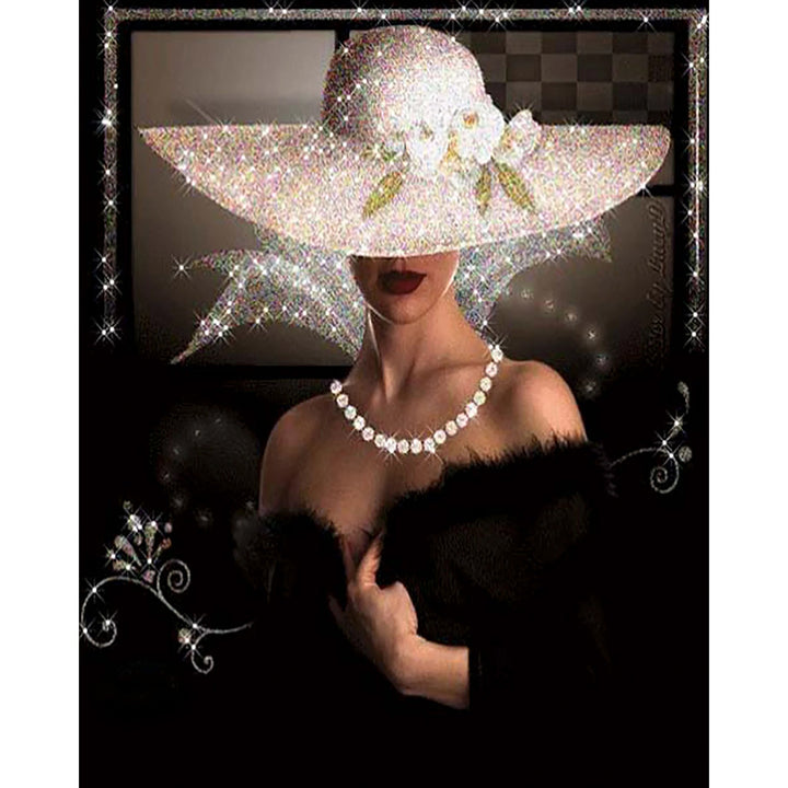 Lady in Black Dress and White Hat | Diamond Painting