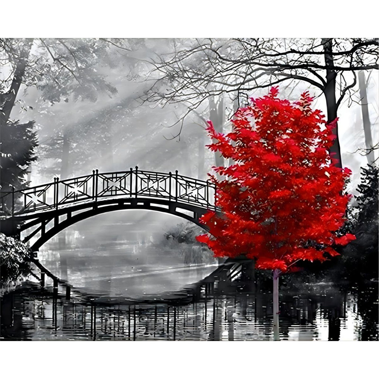 Red Tree Bridge | Diamond Painting Design - Full Drill Diamond Art with 5d Square or Round Diamonds - AB Drills Available