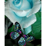 Butterfly on Blue Rose | Diamond Painting Design - Full Drill Diamond Art with 5d Square or Round Diamonds - AB Drills Available