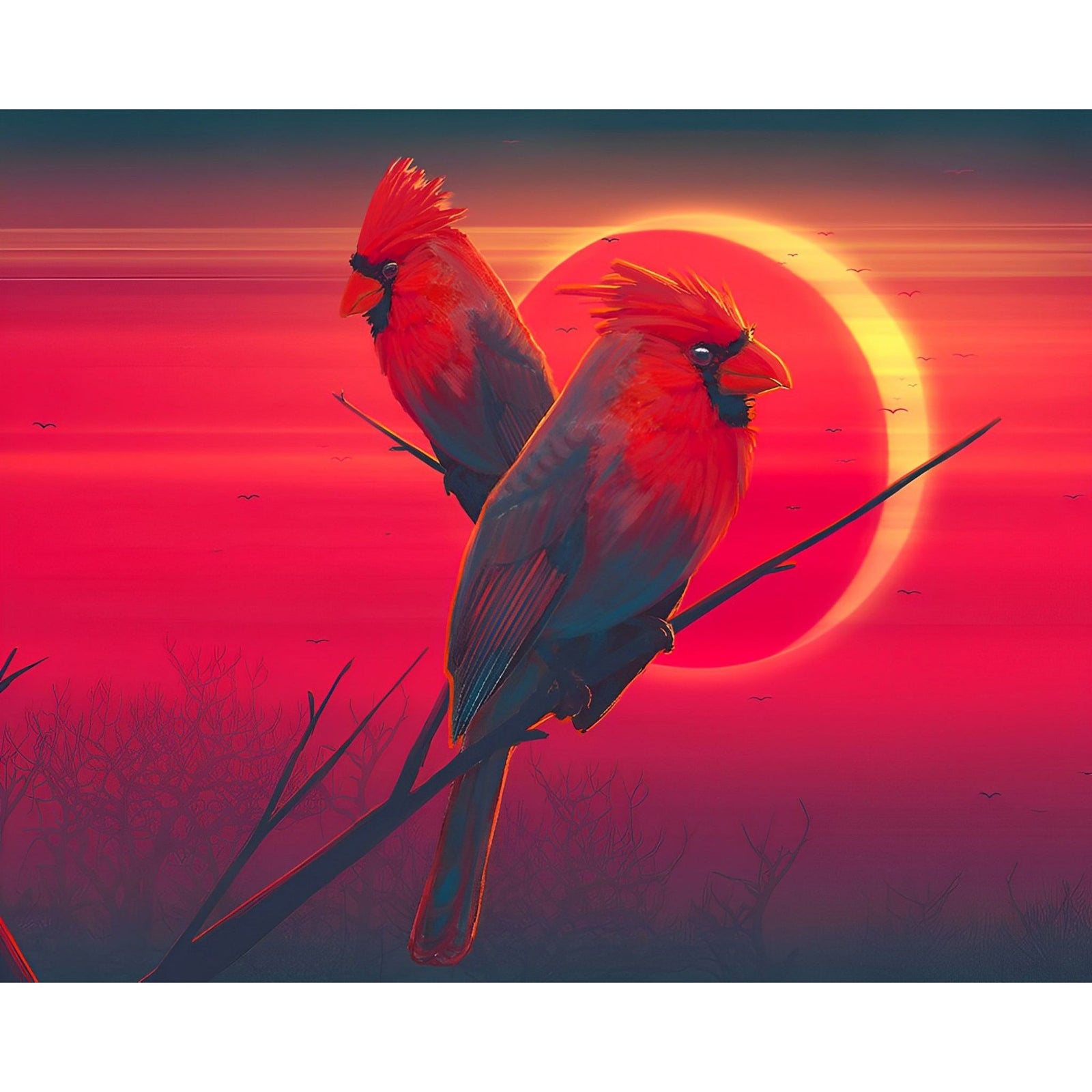 Cardinal Bird under the Red Moon | Diamond Painting Design - Full Drill Diamond Art with 5d Square or Round Diamonds - AB Drills Available