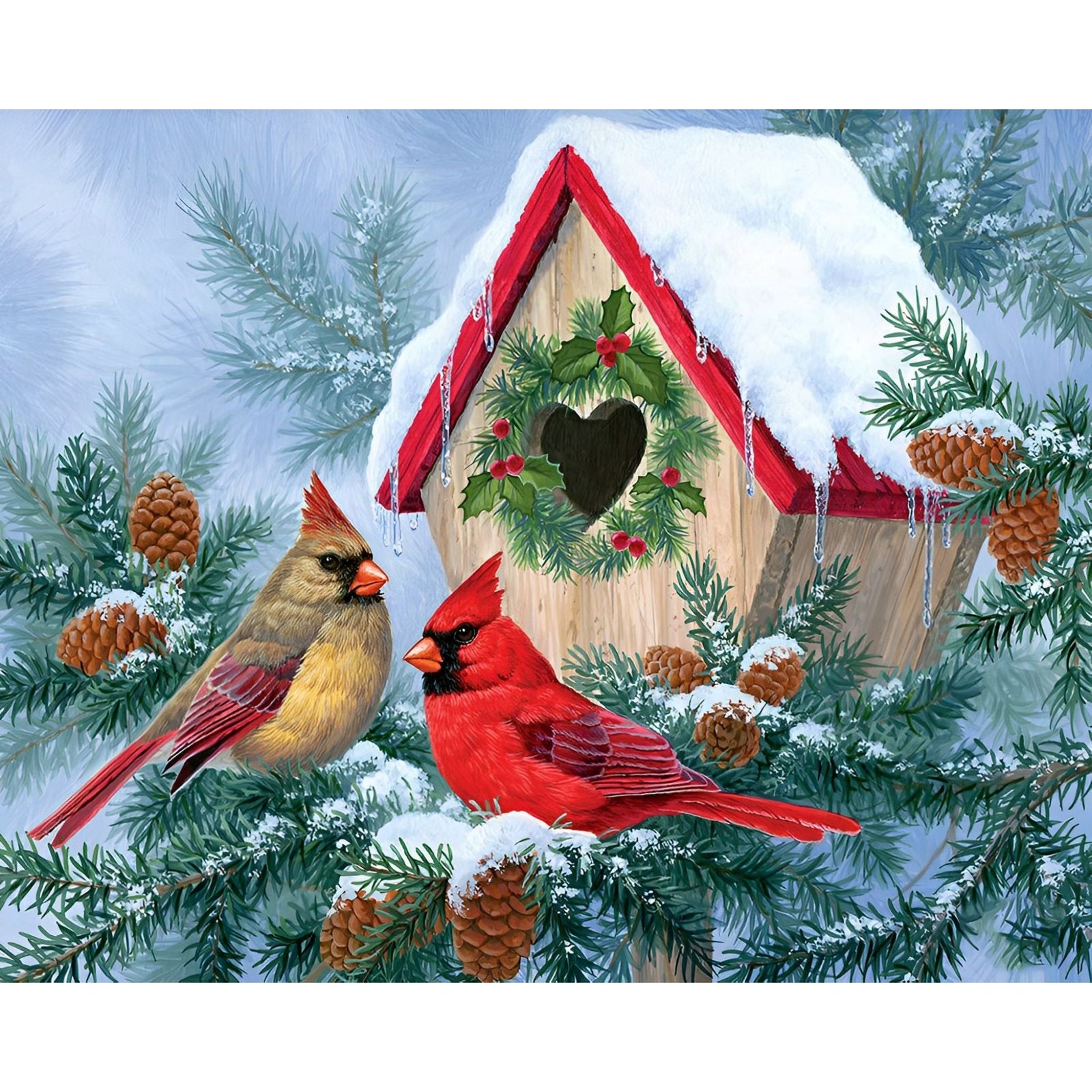 Cardinal Birds Christmas | Diamond Painting Design - Full Drill Diamond Art with 5d Square or Round Diamonds - AB Drills Available