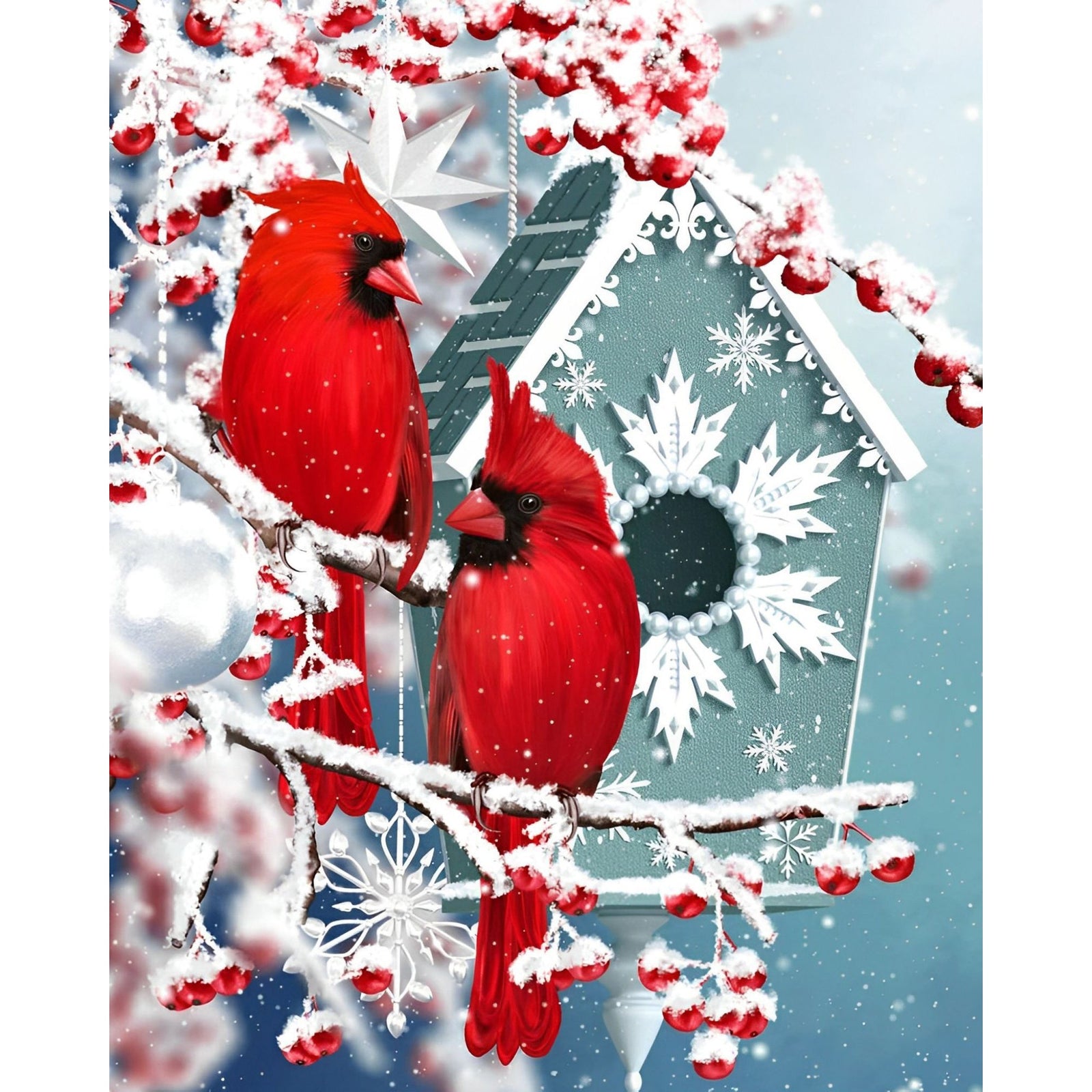 Cardinal Couple In Christmas Day | Diamond Painting Design - Full Drill Diamond Art with 5d Square or Round Diamonds - AB Drills Available