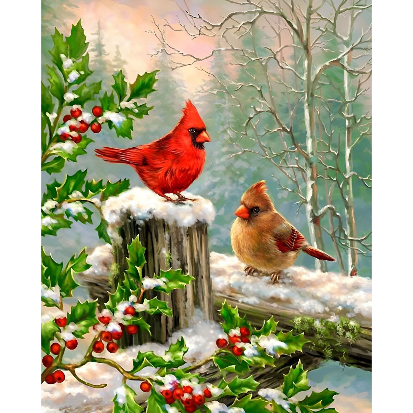 Christmas Cardinals | Diamond Painting Design - Full Drill Diamond Art with 5d Square or Round Diamonds - AB Drills Available