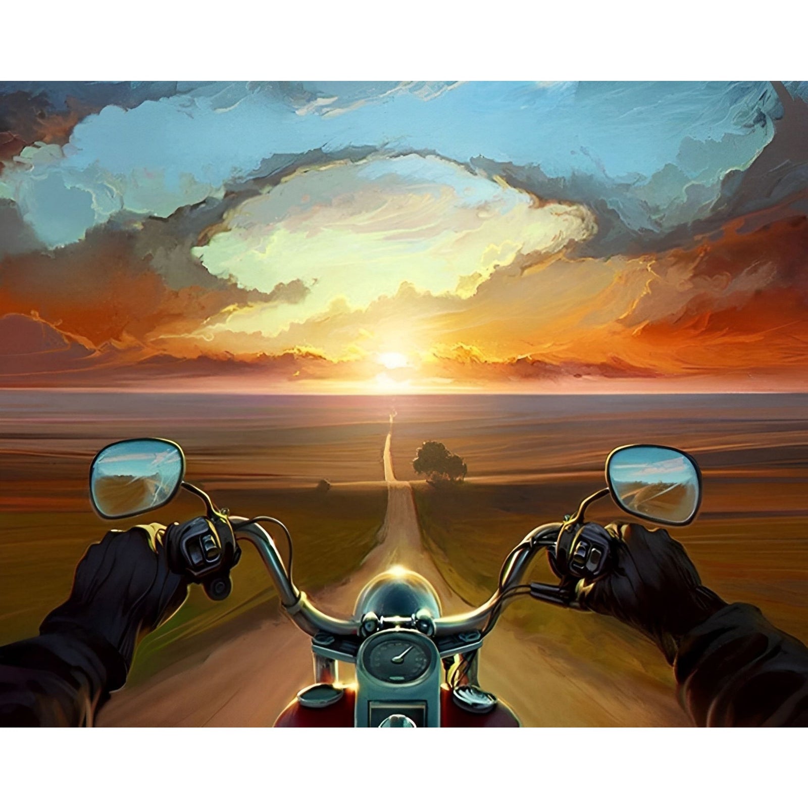 Motorcycle Under Sunset | Diamond Painting Design - Full Drill Diamond Art with 5d Square or Round Diamonds - AB Drills Available