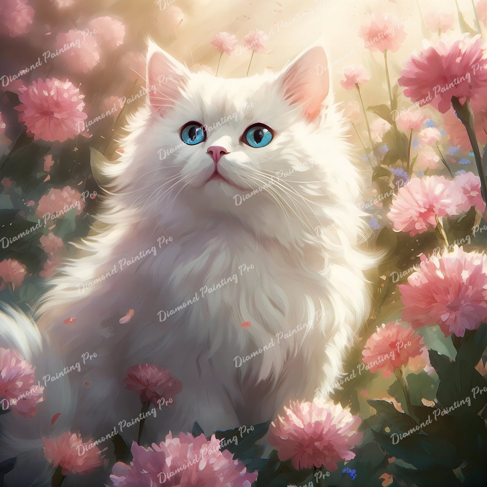 White Cat with Peony Flower | Diamond Painting Design - Full Drill Diamond Art with 5d Square or Round Diamonds - AB Drills Available