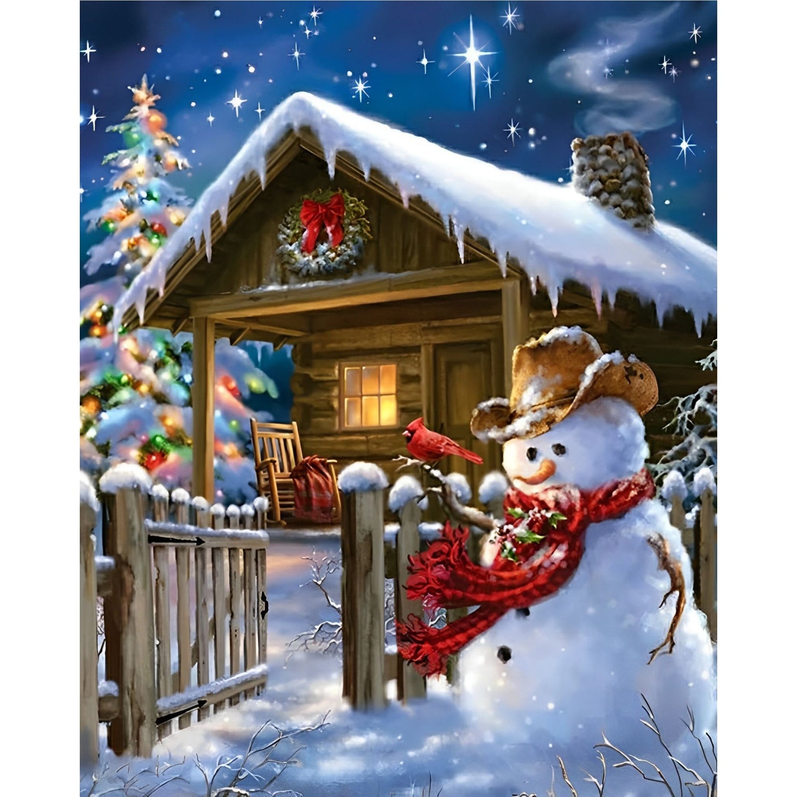 Snowman Christmas Night | Diamond Painting Design - Full Drill Diamond Art with 5d Square or Round Diamonds - AB Drills Available