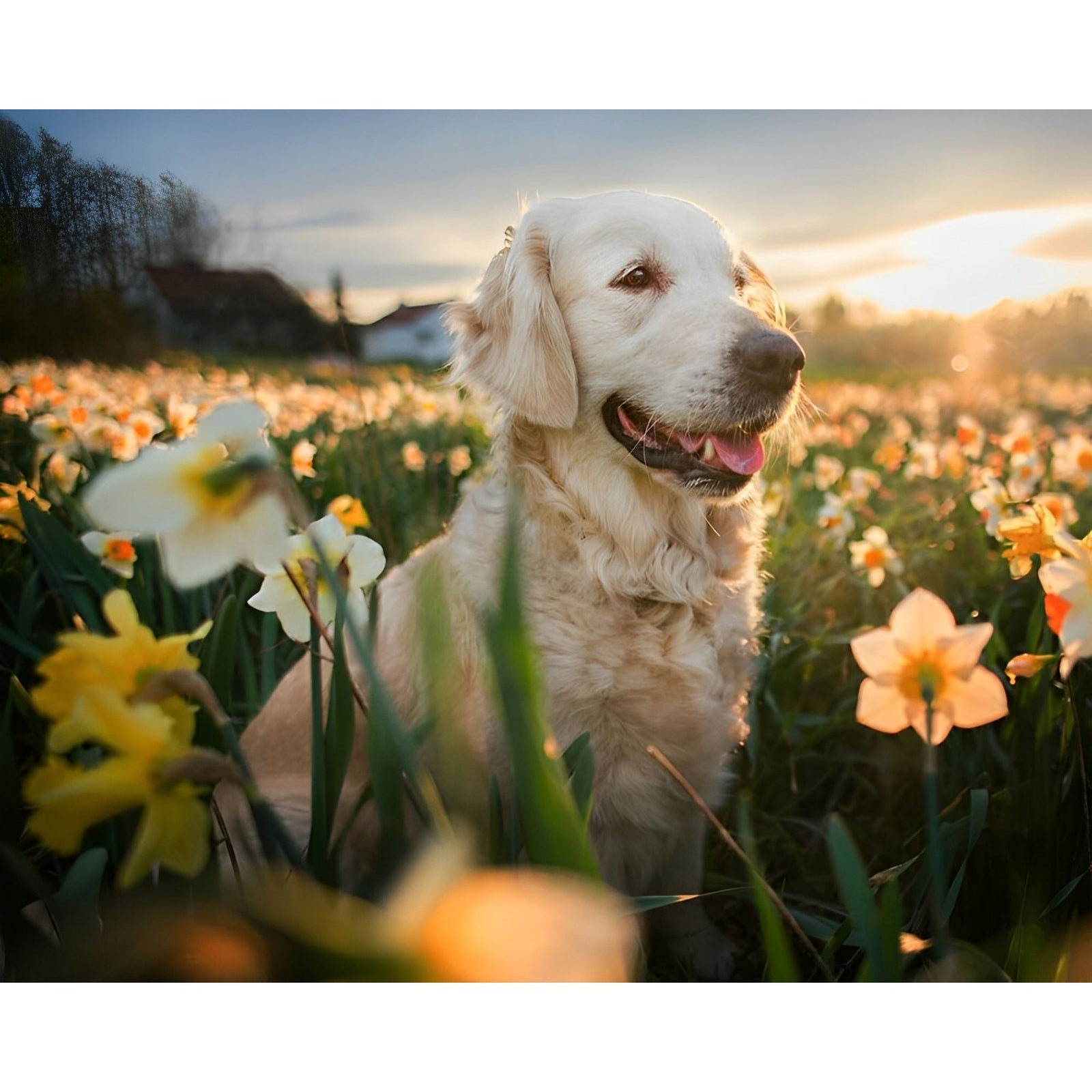 Golden Retriever and Flower | Diamond Painting Design - Full Drill Diamond Art with 5d Square or Round Diamonds - AB Drills Available