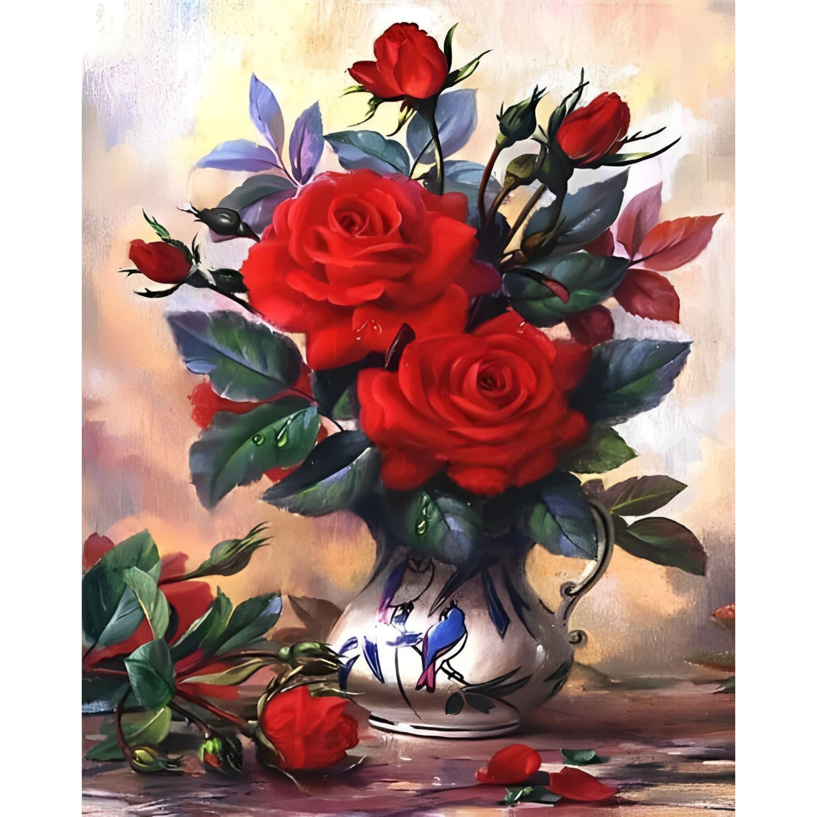 Vase of Red Roses | Diamond Painting Design - Full Drill Diamond Art with 5d Square or Round Diamonds - AB Drills Available