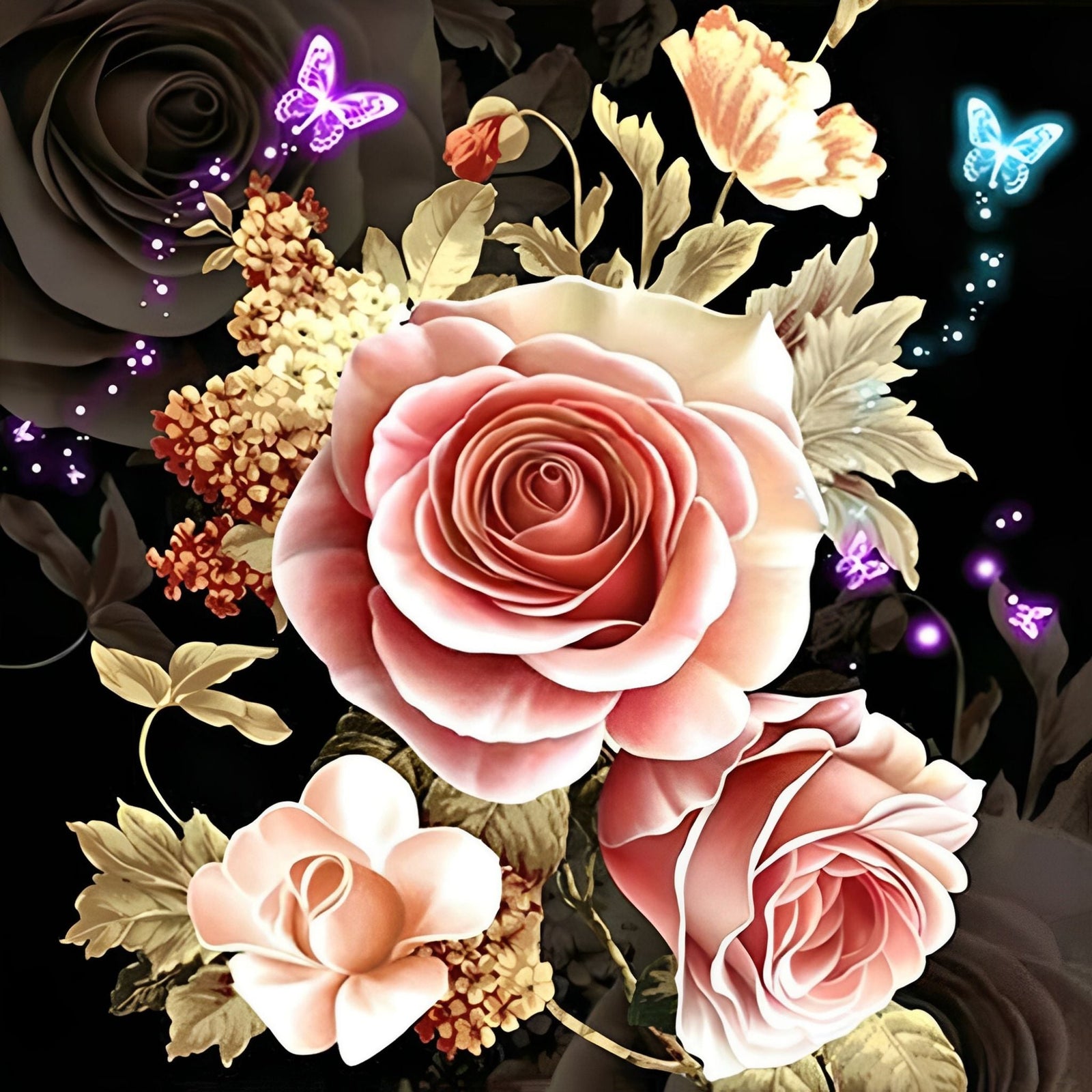 Pink Rose With Butterflies | Diamond Painting Design - Full Drill Diamond Art with 5d Square or Round Diamonds - AB Drills Available