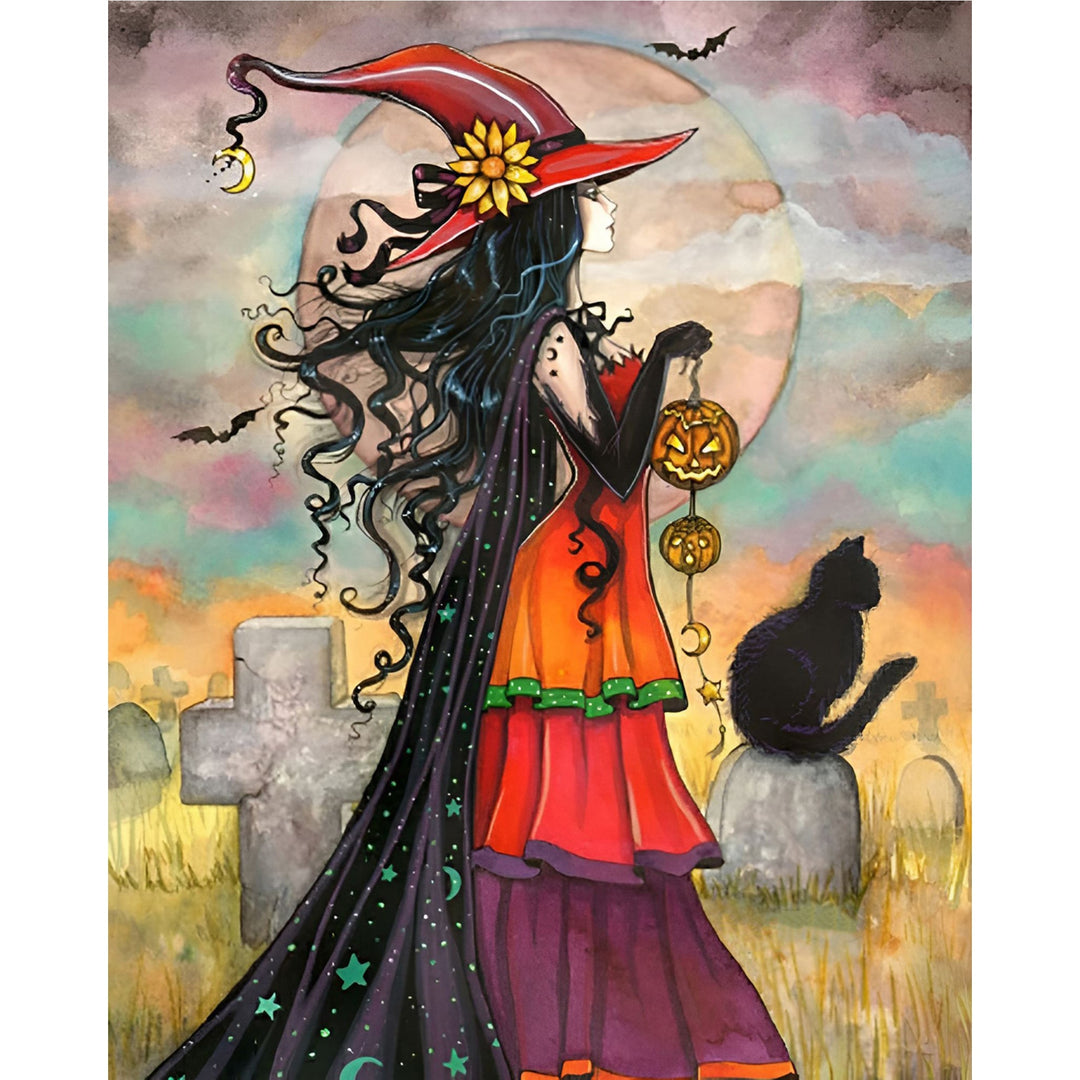 Witch Carrying a Pumpkin Lantern | Diamond Painting