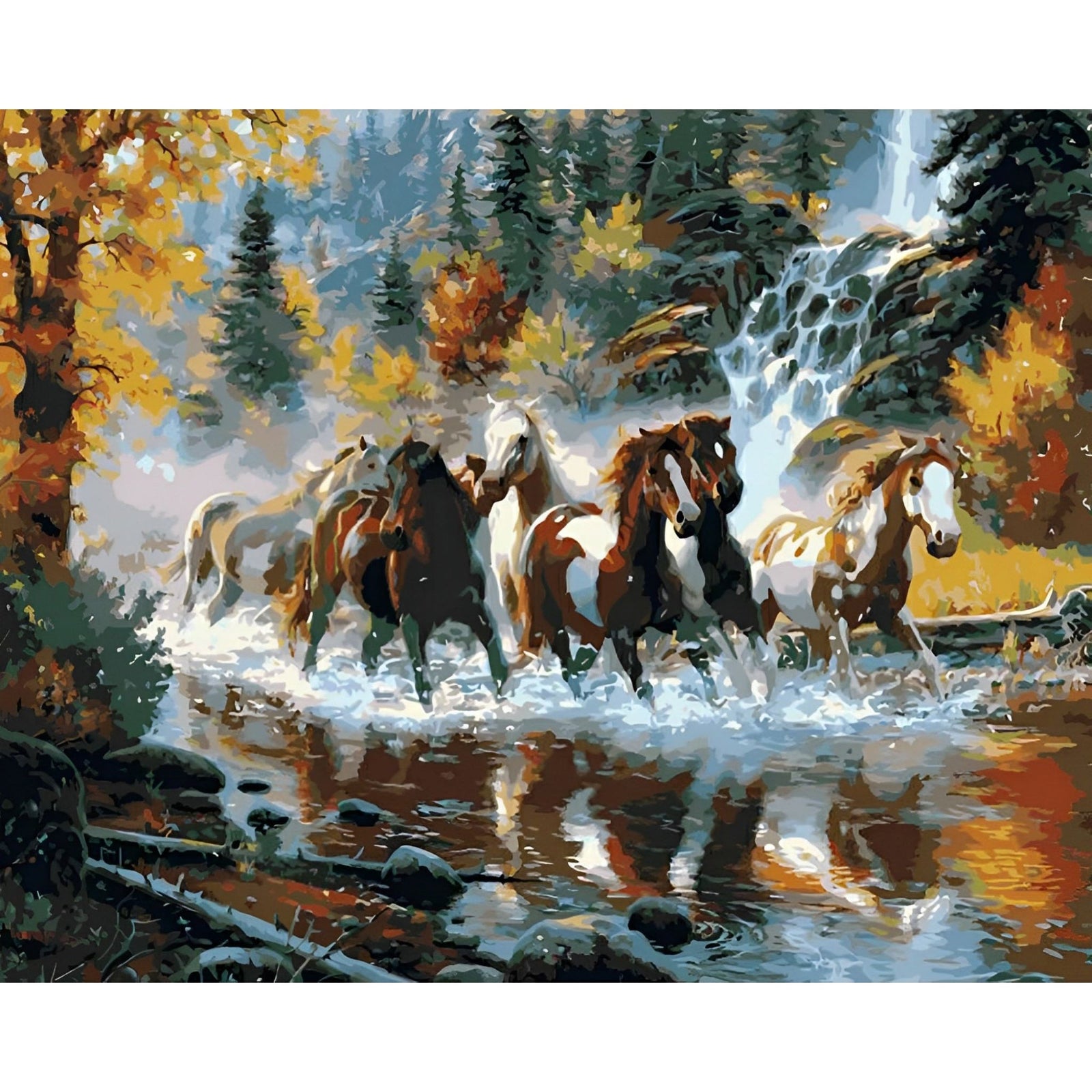 Horses Galloping Downstream | Diamond Painting Design - Full Drill Diamond Art with 5d Square or Round Diamonds - AB Drills Available