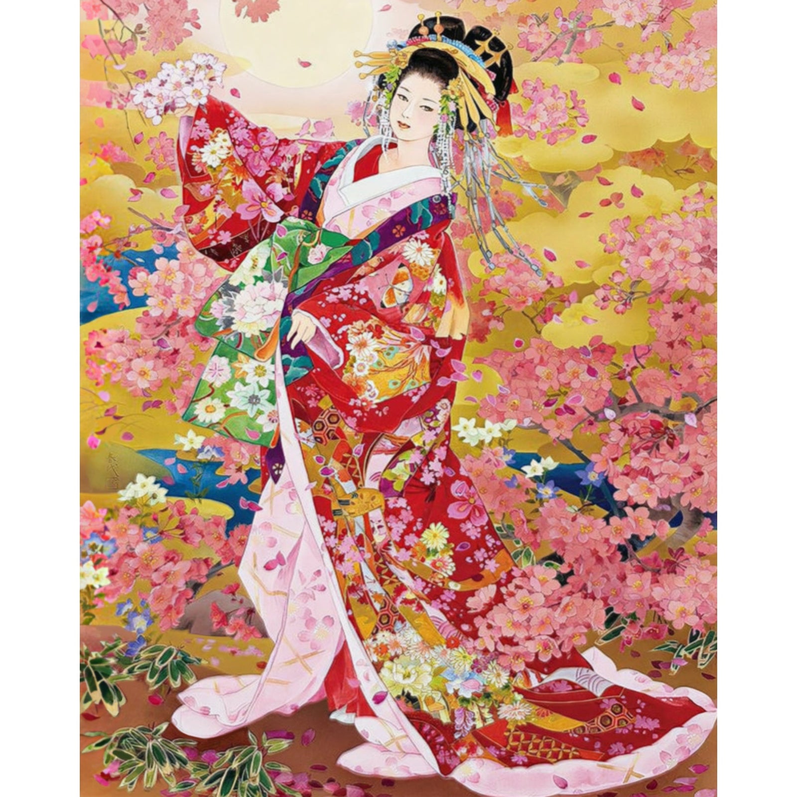 Kimono under Sakura | Diamond Painting Design - Full Drill Diamond Art with 5d Square or Round Diamonds - AB Drills Available