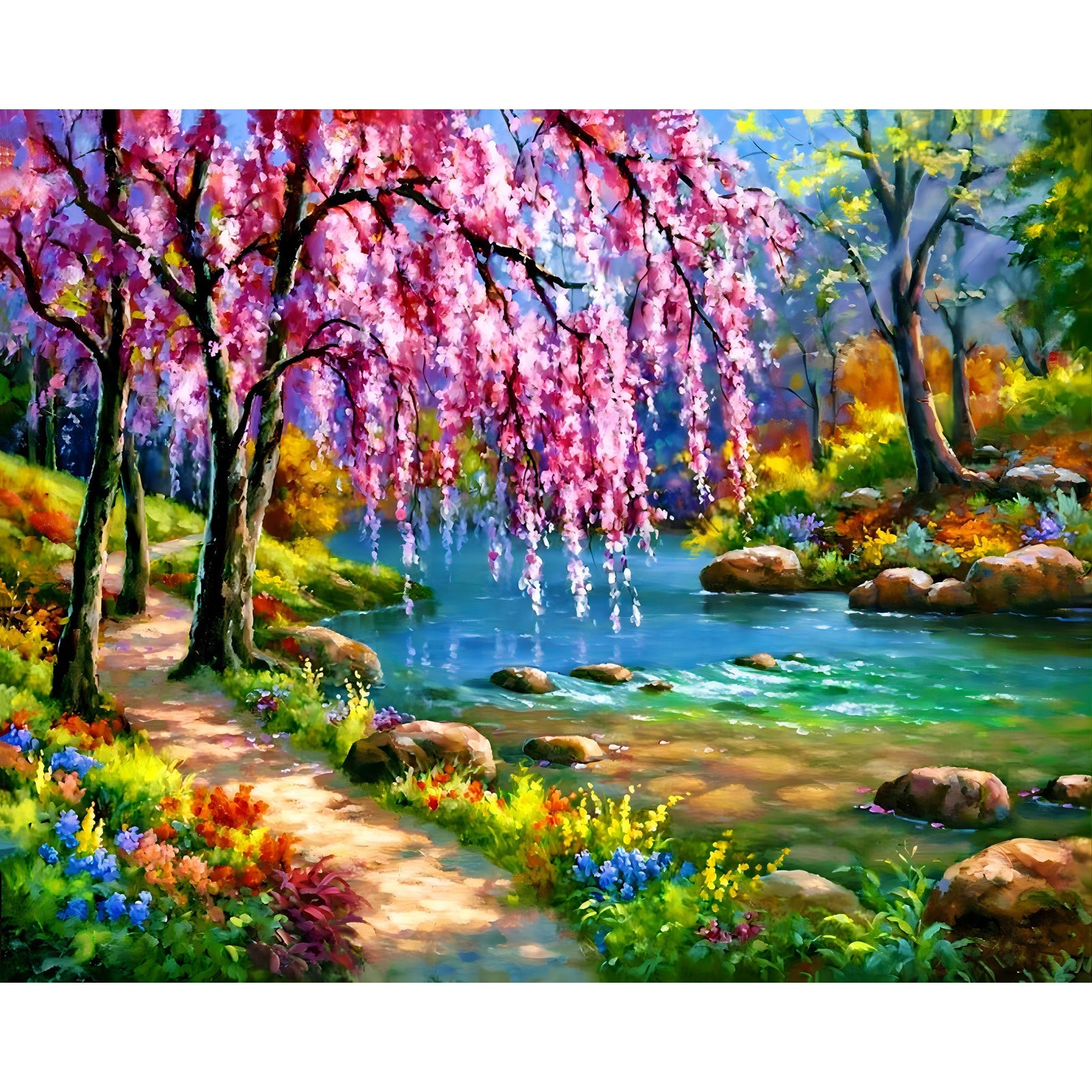 Cherry Blossom Tree Near River | Diamond Painting Design - Full Drill Diamond Art with 5d Square or Round Diamonds - AB Drills Available