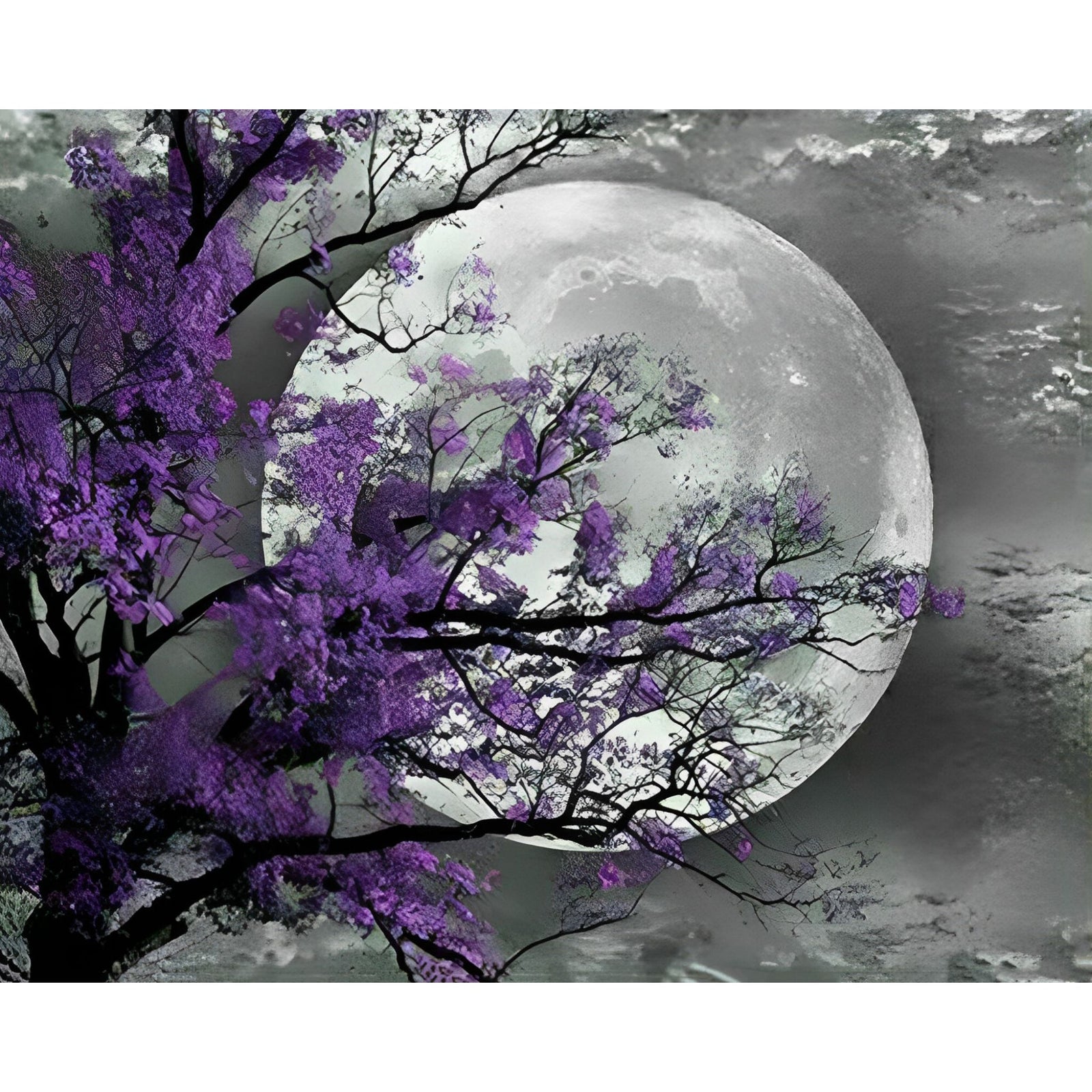 Purple Flower Tree Moon | Diamond Painting Design - Full Drill Diamond Art with 5d Square or Round Diamonds - AB Drills Available