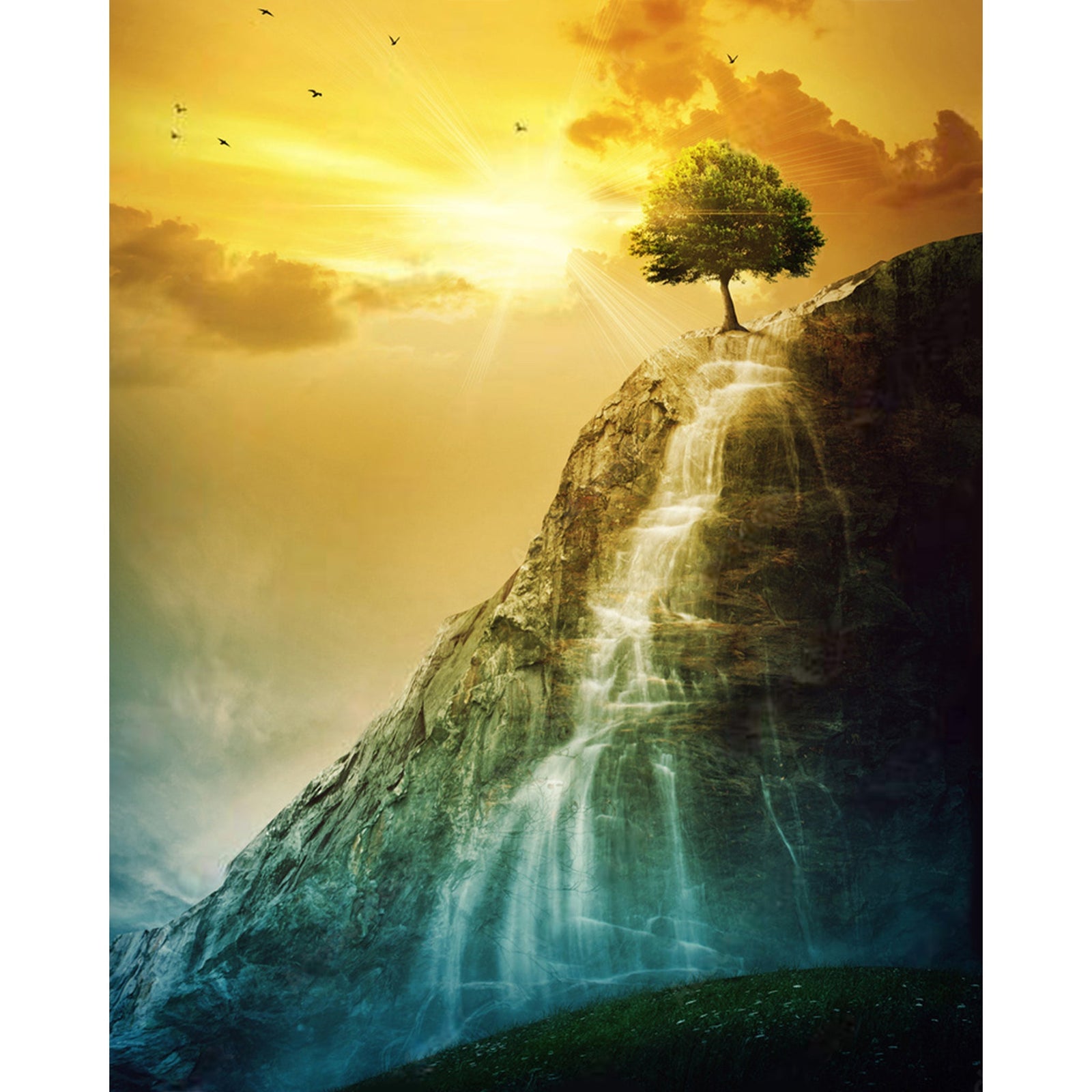 Tree Atop the Waterfall | Diamond Painting Design - Full Drill Diamond Art with 5d Square or Round Diamonds - AB Drills Available