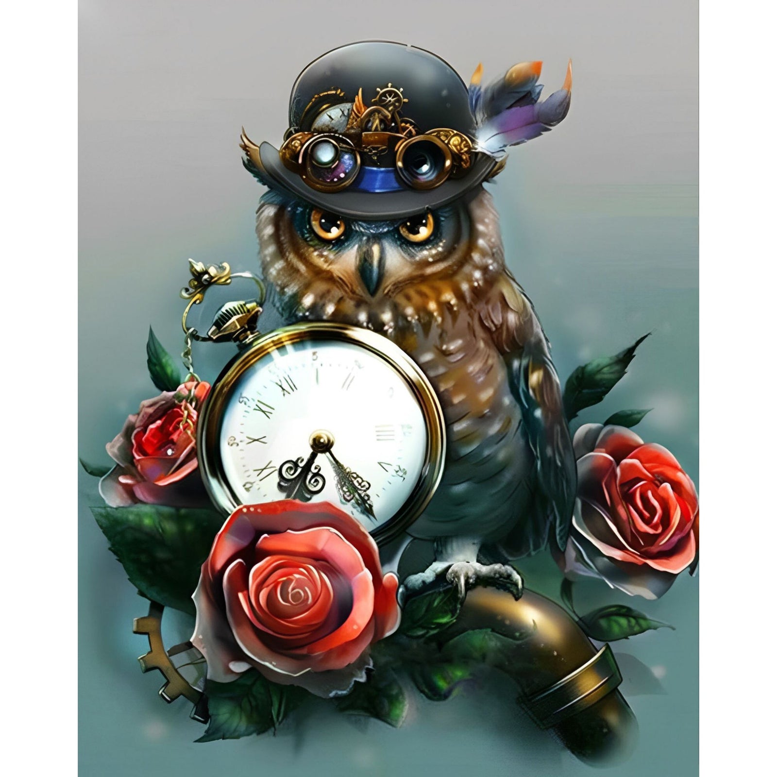 Owl Rose clock | Diamond Painting Design - Full Drill Diamond Art with 5d Square or Round Diamonds - AB Drills Available