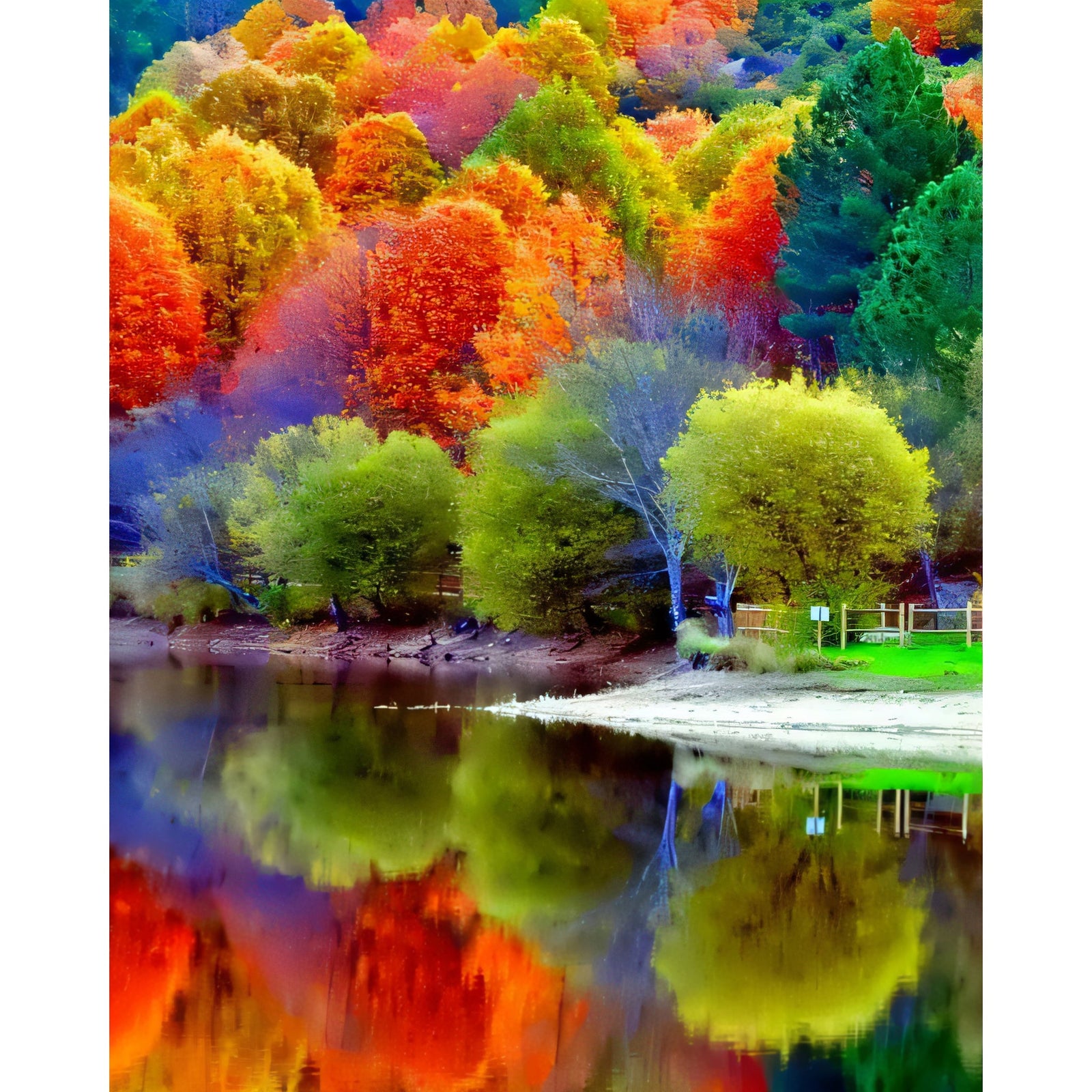 Colorful Trees In Forest With Reflection On Lake | Diamond Painting Design - Full Drill Diamond Art with 5d Square or Round Diamonds - AB Drills Available