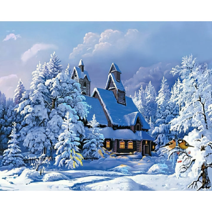 Snowy Cabin in the Woods | Diamond Painting