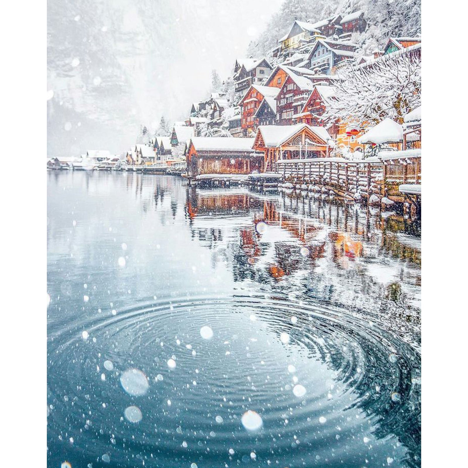 Village Winter Lake | Diamond Painting Design - Full Drill Diamond Art with 5d Square or Round Diamonds - AB Drills Available