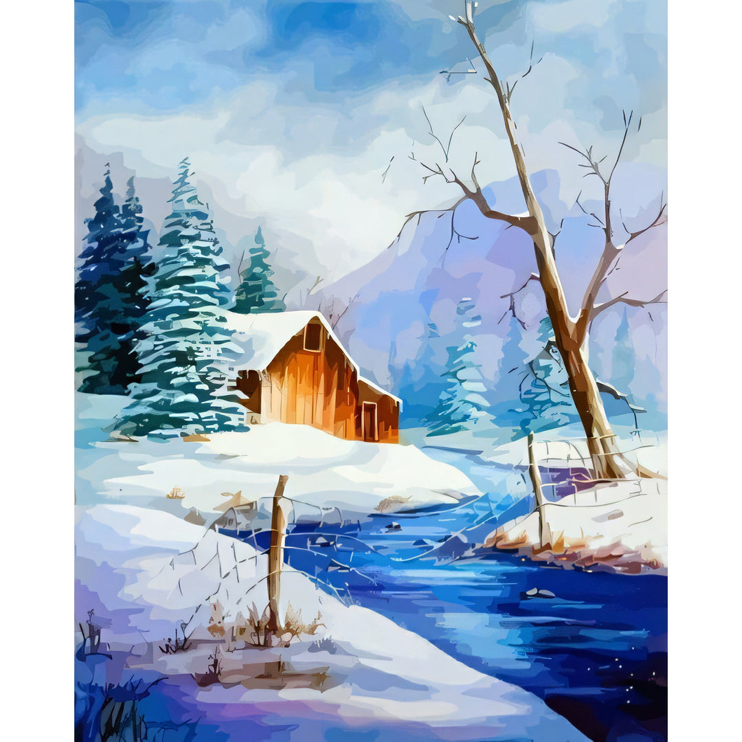 Snowy Cabin By Lake | Diamond Painting