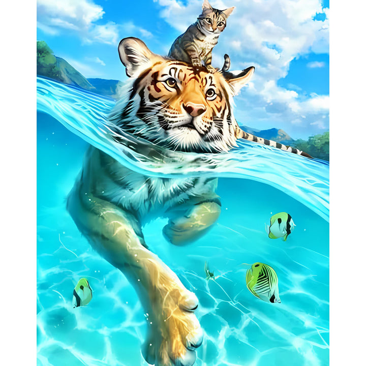 Tiger and Kitty in the Water | Diamond Painting