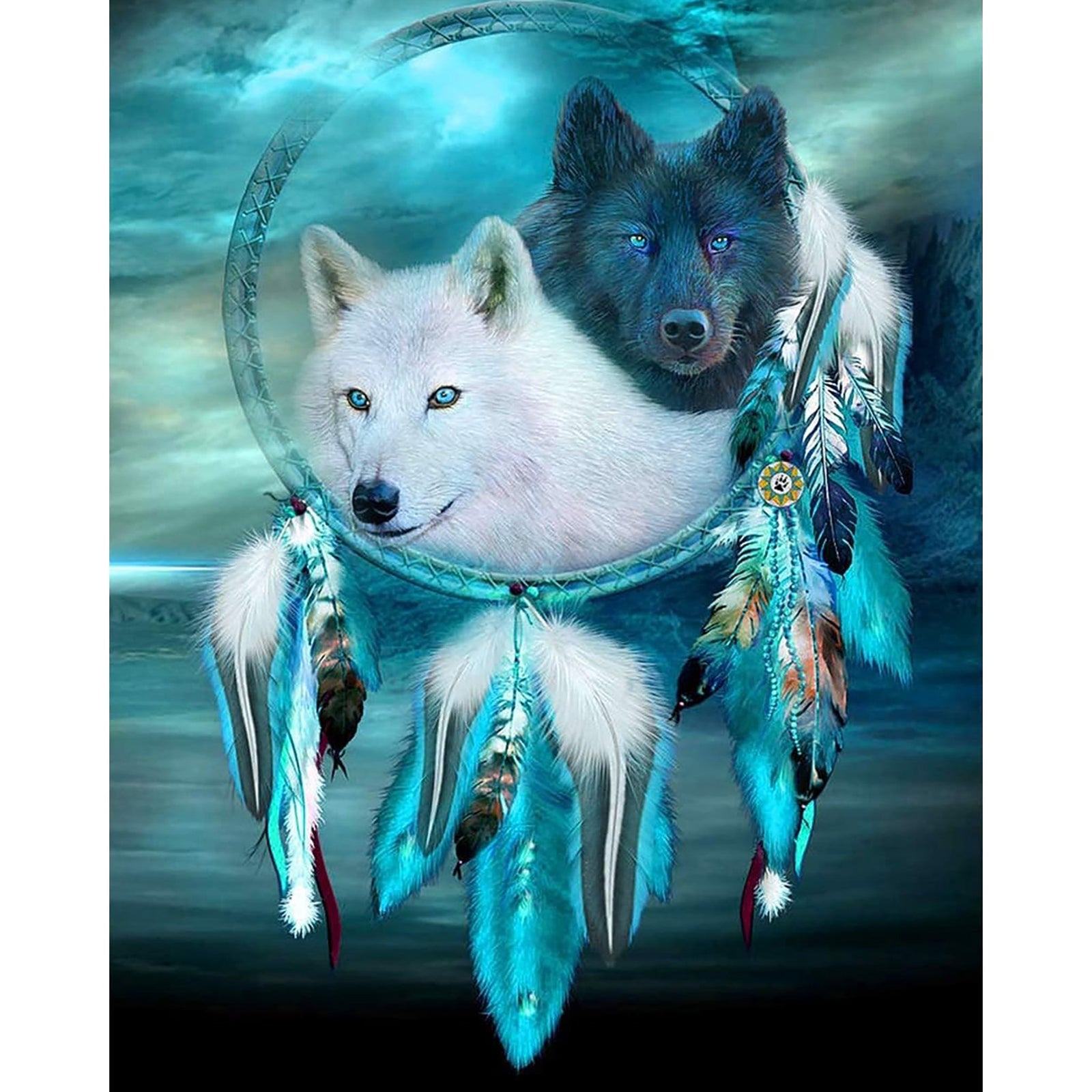 Black and White Wolf Dream Catcher | Diamond Painting Design - Full Drill Diamond Art with 5d Square or Round Diamonds - AB Drills Available