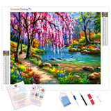 Cherry Blossom Tree Near River | Diamond Painting Kit - Full Drill - Square or Round Diamonds with AB Drills Option