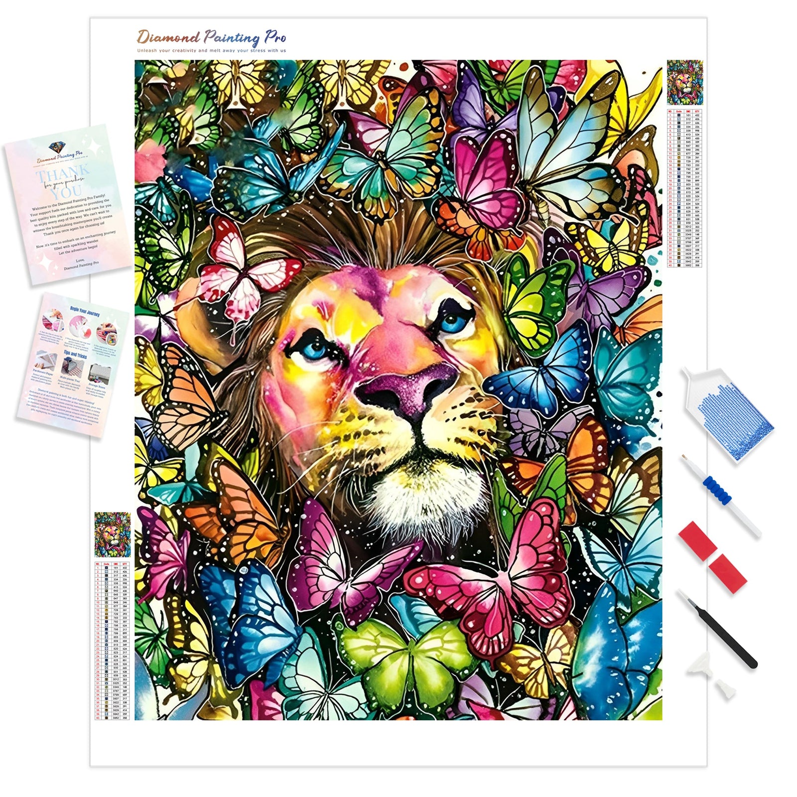 Lion with Butterflies | Diamond Painting Kit - Full Drill - Square or Round Diamonds with AB Drills Option