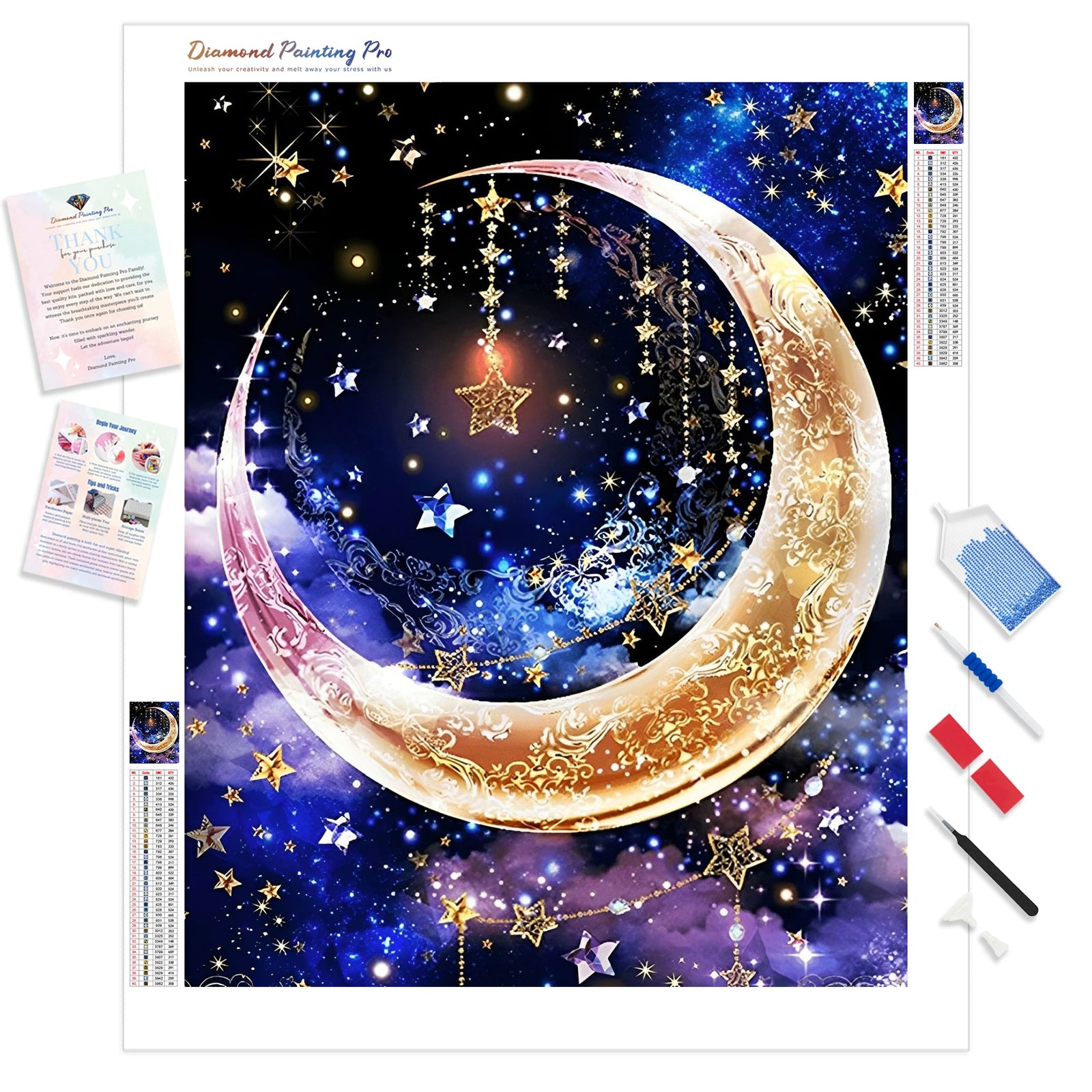 Moon and Stars | Diamond Painting Kit - Full Drill - Square or Round Diamonds with AB Drills Option