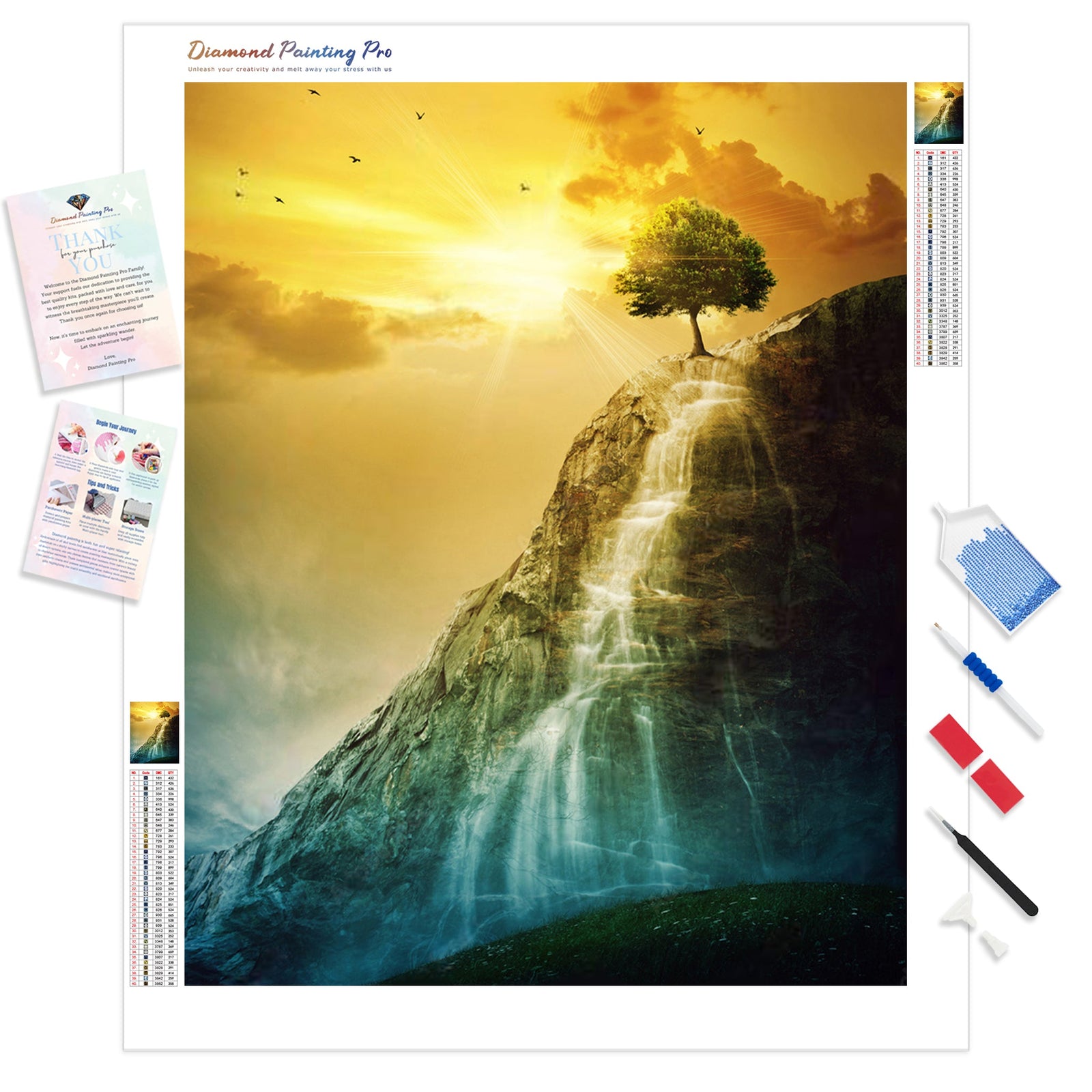 Tree Atop the Waterfall | Diamond Painting Kit - Full Drill - Square or Round Diamonds with AB Drills Option