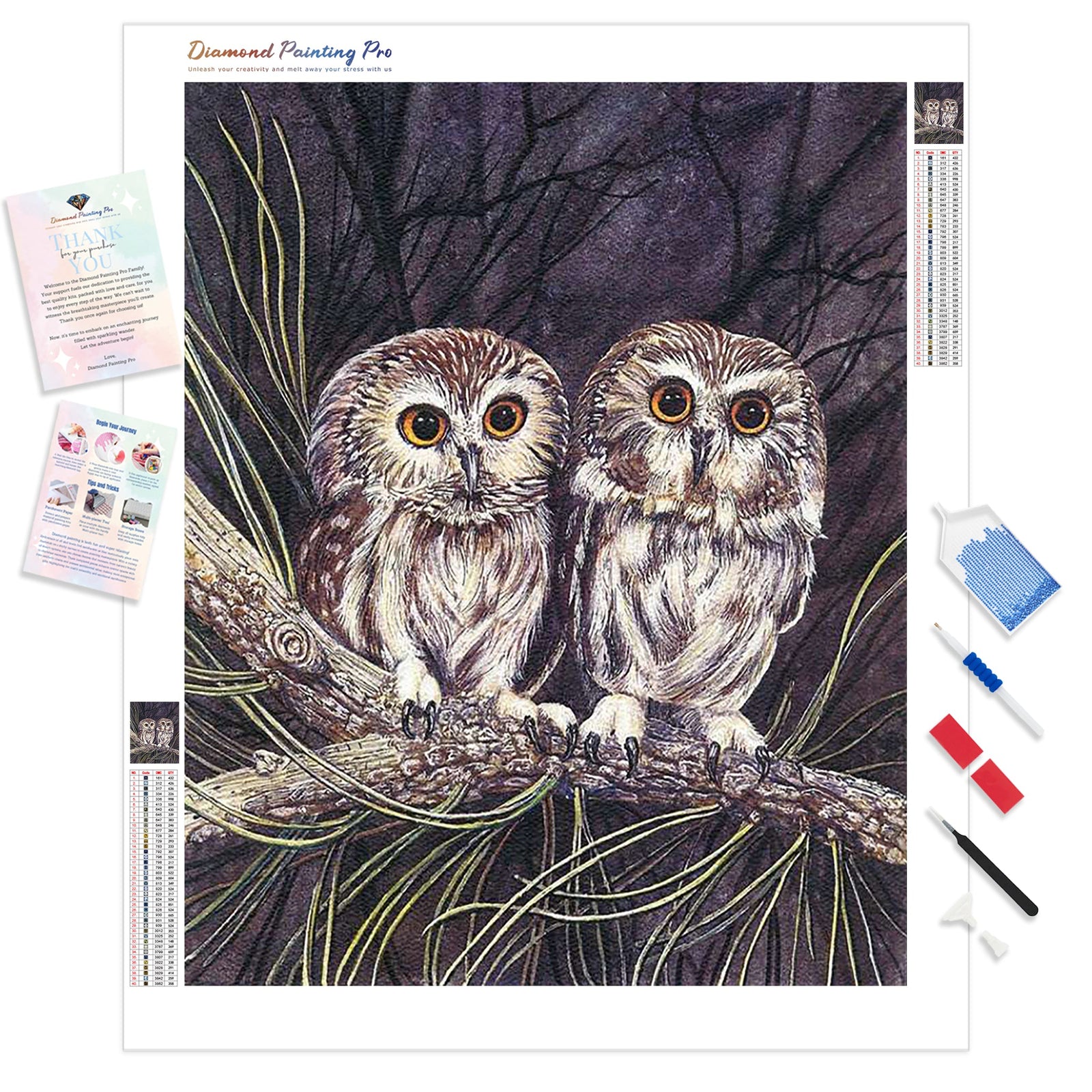 Owl Twins | Diamond Painting Kit - Full Drill - Square or Round Diamonds with AB Drills Option