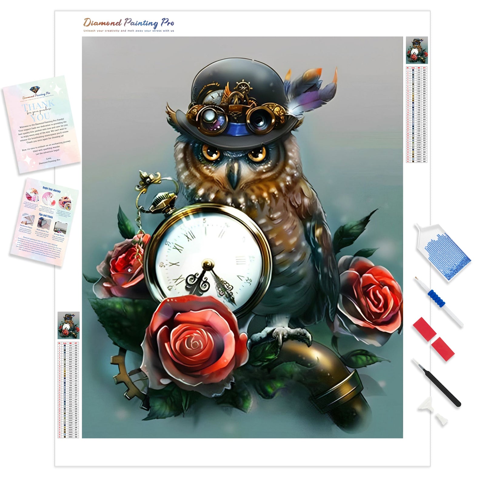 Owl Rose clock | Diamond Painting Kit - Full Drill - Square or Round Diamonds with AB Drills Option