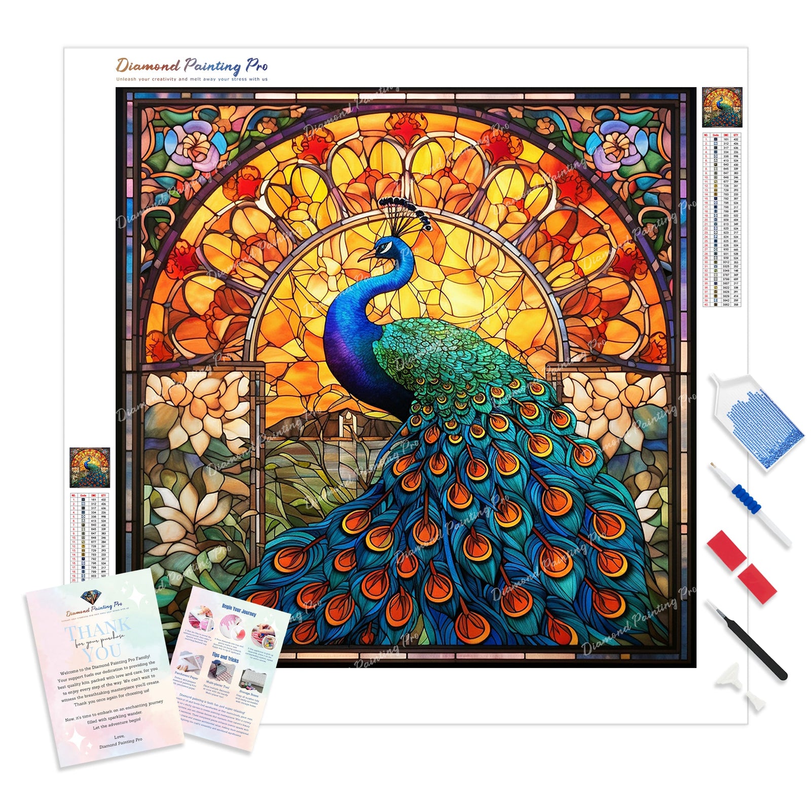 Majestic Peacock Stained Glass | Diamond Painting Kit - Full Drill - Square or Round Diamonds with AB Drills Option