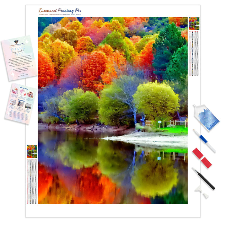 Colorful Trees In Forest With Reflection On Lake | Diamond Painting