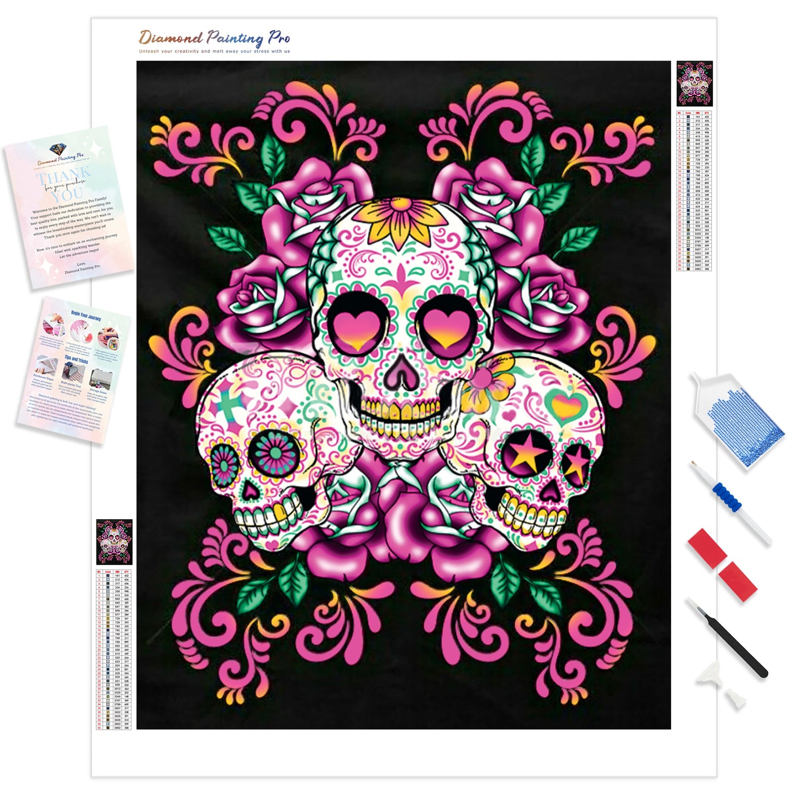 Floral Sugar Skull | Diamond Painting Kit - Full Drill - Square or Round Diamonds with AB Drills Option