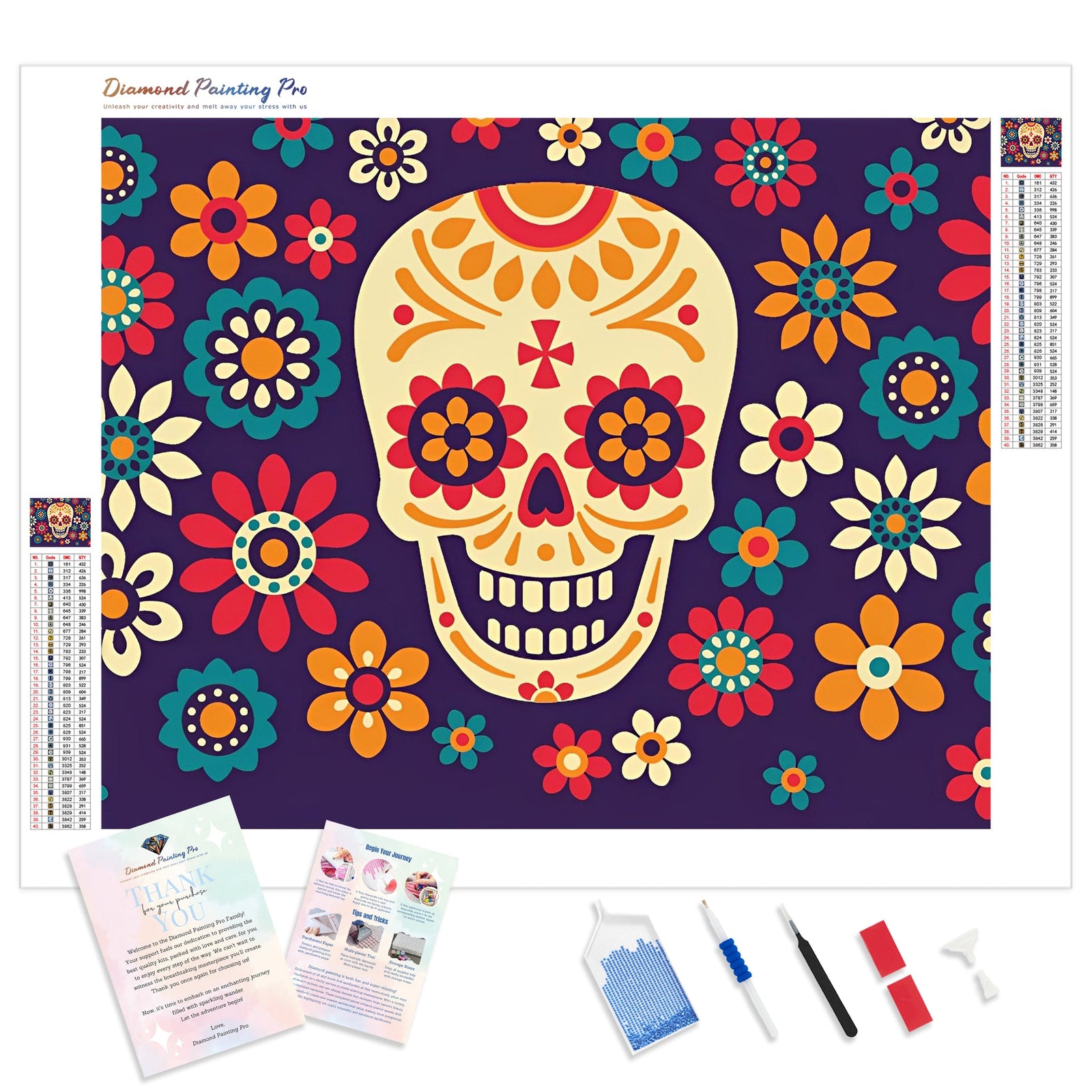 Sugar Skull Floral | Diamond Painting Kit - Full Drill - Square or Round Diamonds with AB Drills Option