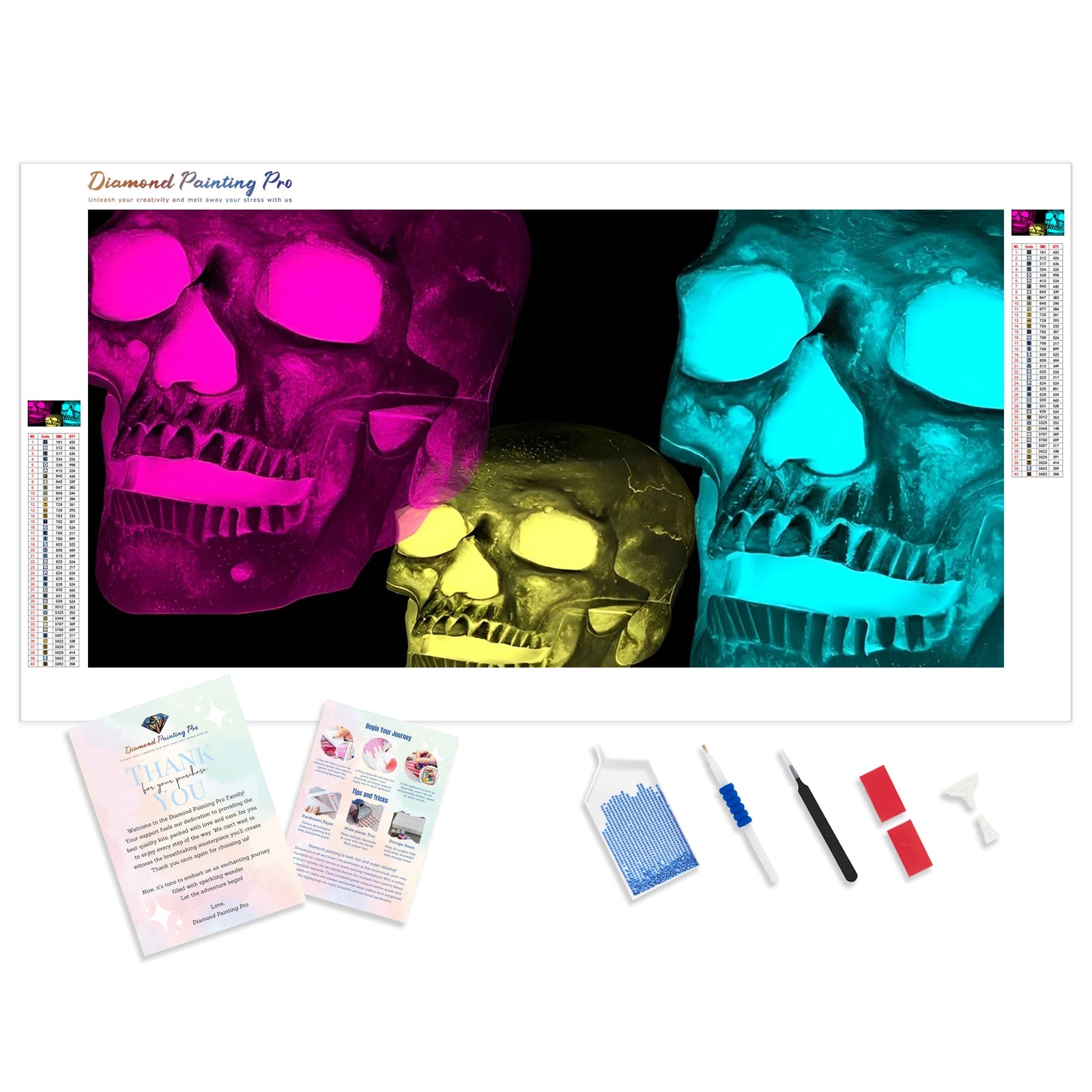 Tri Chrome Skulls | Diamond Painting Kit - Full Drill - Square or Round Diamonds with AB Drills Option