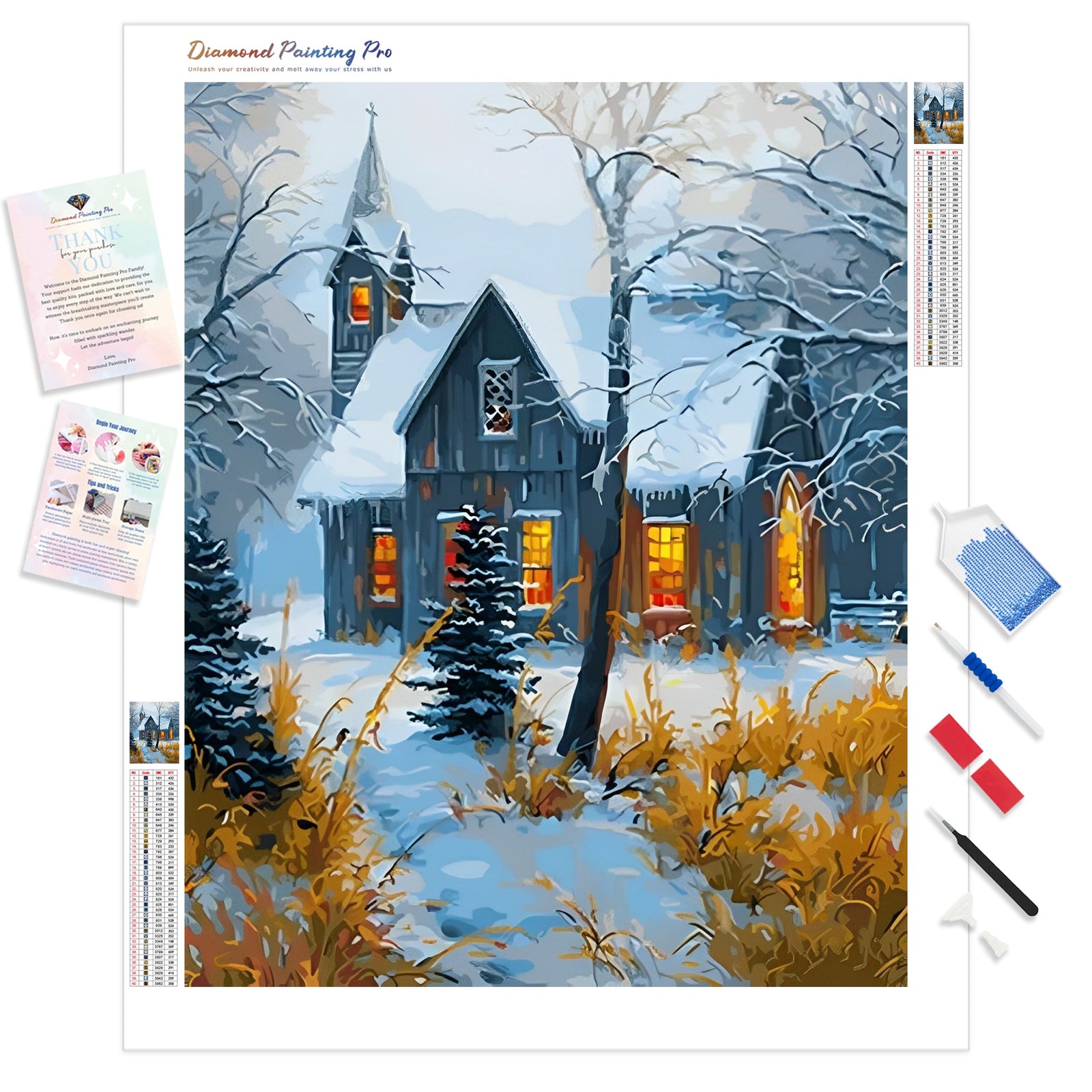 Church in Trees and Snow | Diamond Painting Kit - Full Drill - Square or Round Diamonds with AB Drills Option