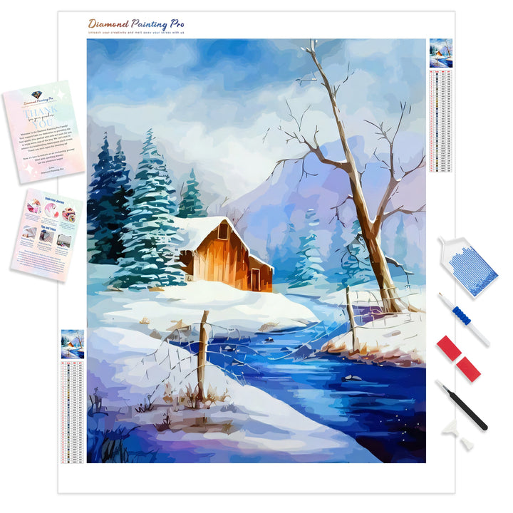 Snowy Cabin By Lake | Diamond Painting