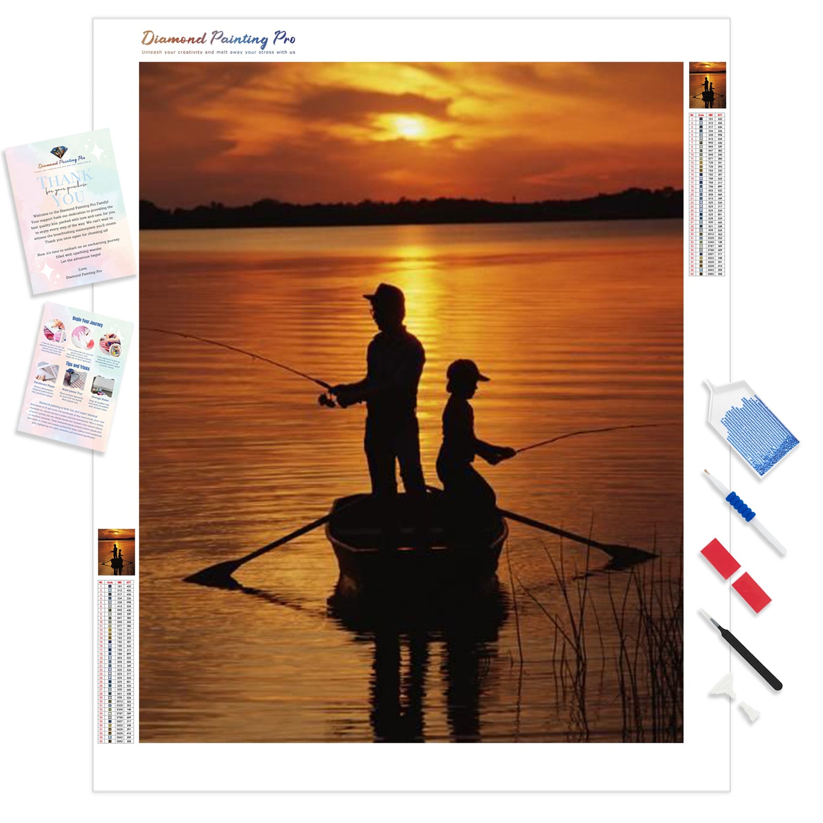 Father and Son Fishing Silhouette | Diamond Painting Kit - Full Drill - Square or Round Diamonds with AB Drills Option