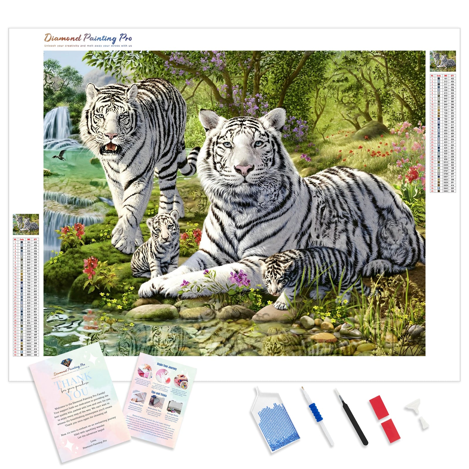 White Tiger Family | Diamond Painting Kit - Full Drill - Square or Round Diamonds with AB Drills Option