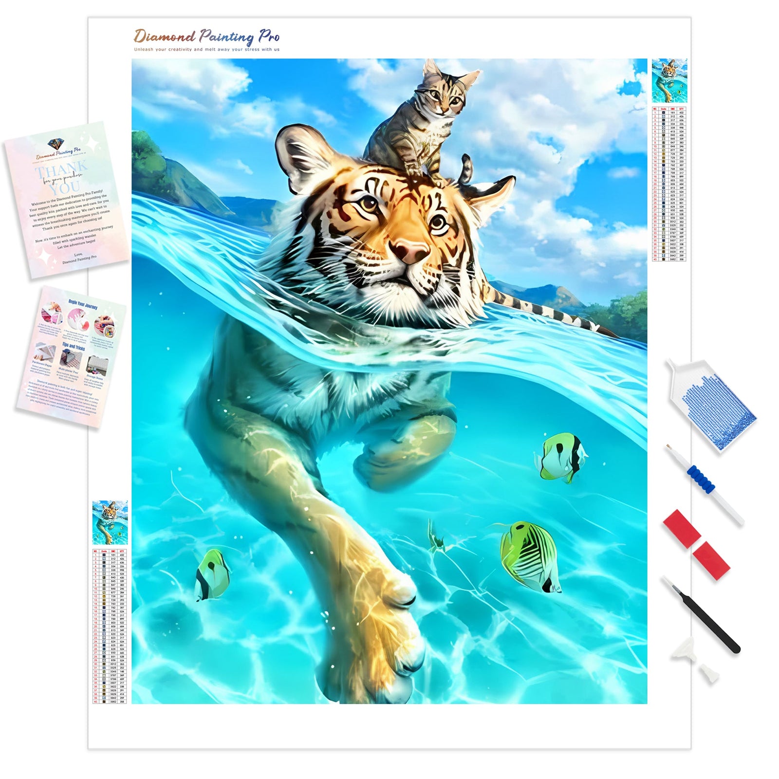 Tiger and Kitty in the Water | Diamond Painting Kit - Full Drill - Square or Round Diamonds with AB Drills Option