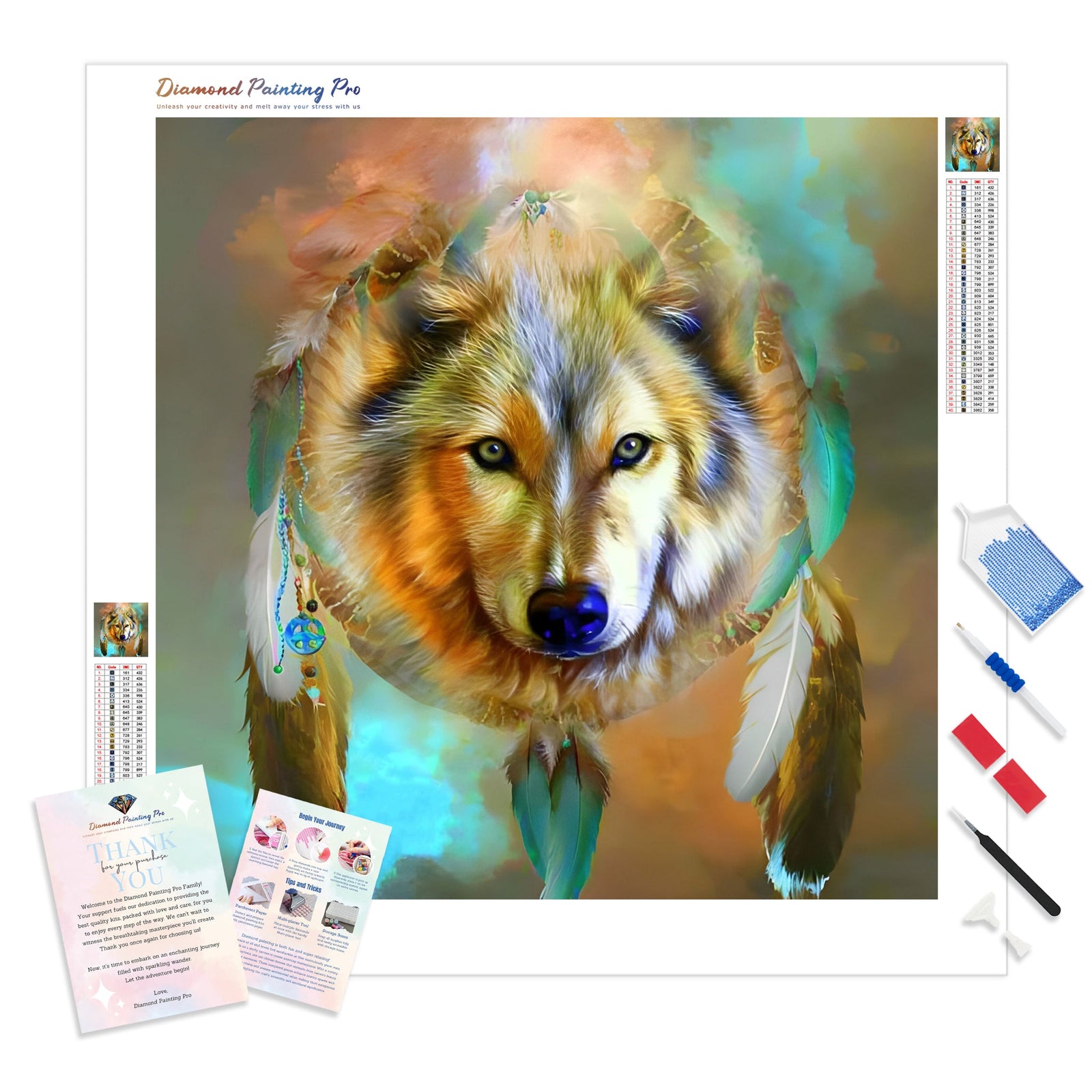 Watercolor Wolf Dreamcatcher | Diamond Painting Kit - Full Drill - Square or Round Diamonds with AB Drills Option