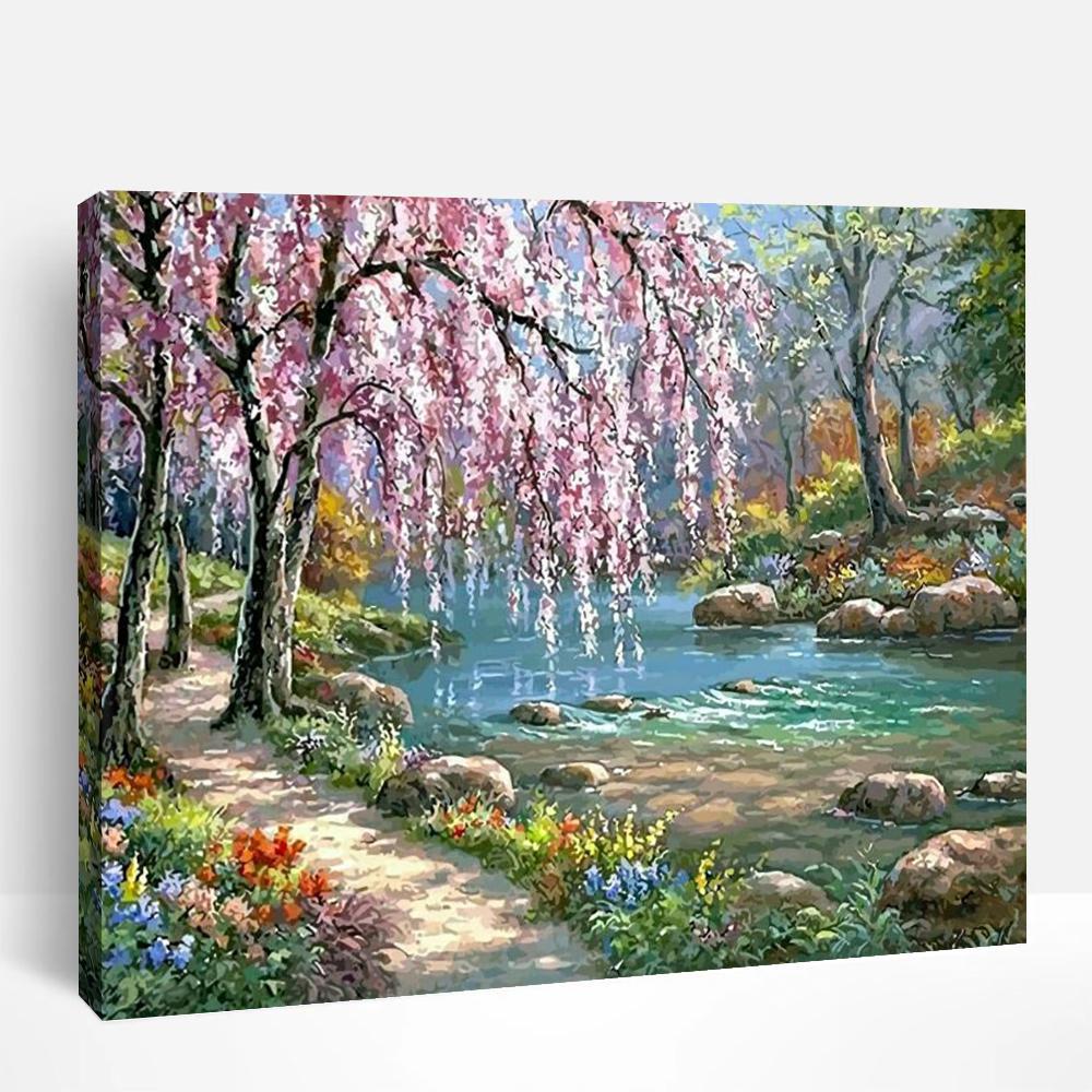 Cherry Blossom Tree Near River | Paint By Numbers