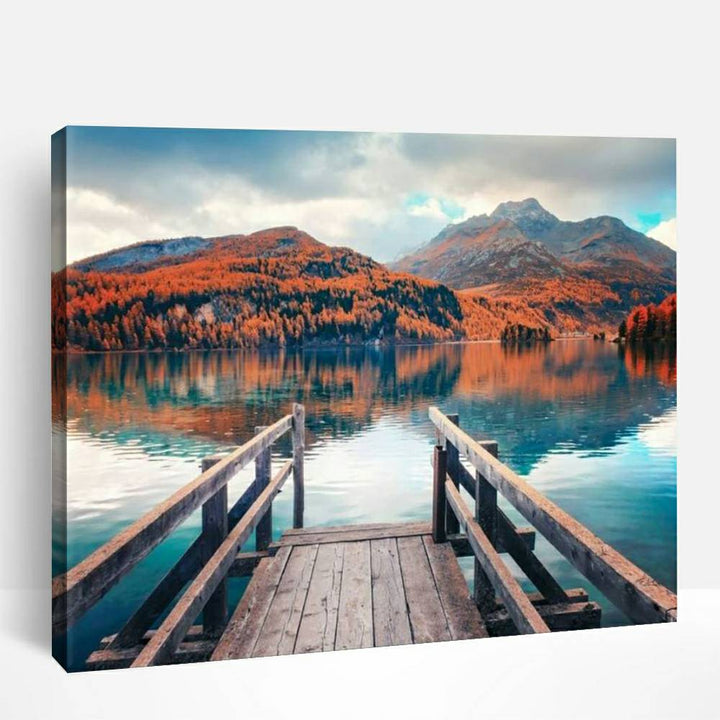 Wooden Pier on Autumn lake Sils | Paint By Numbers