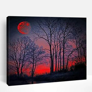 Tree Silhouette under Red Moon | Paint By Numbers