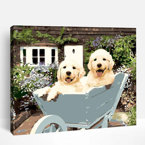 Puppies in Wheelbarrel | Paint By Numbers